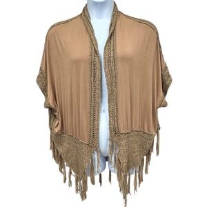 Altar'd State Kimono Cardigan Womens M/L Tan Crochet Fringe Boho‎ Open Front